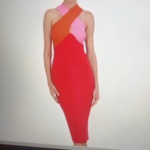 NEW BCBG Sleevelesss Criss Cross Halter Midi Color Block Sweater Day Dress